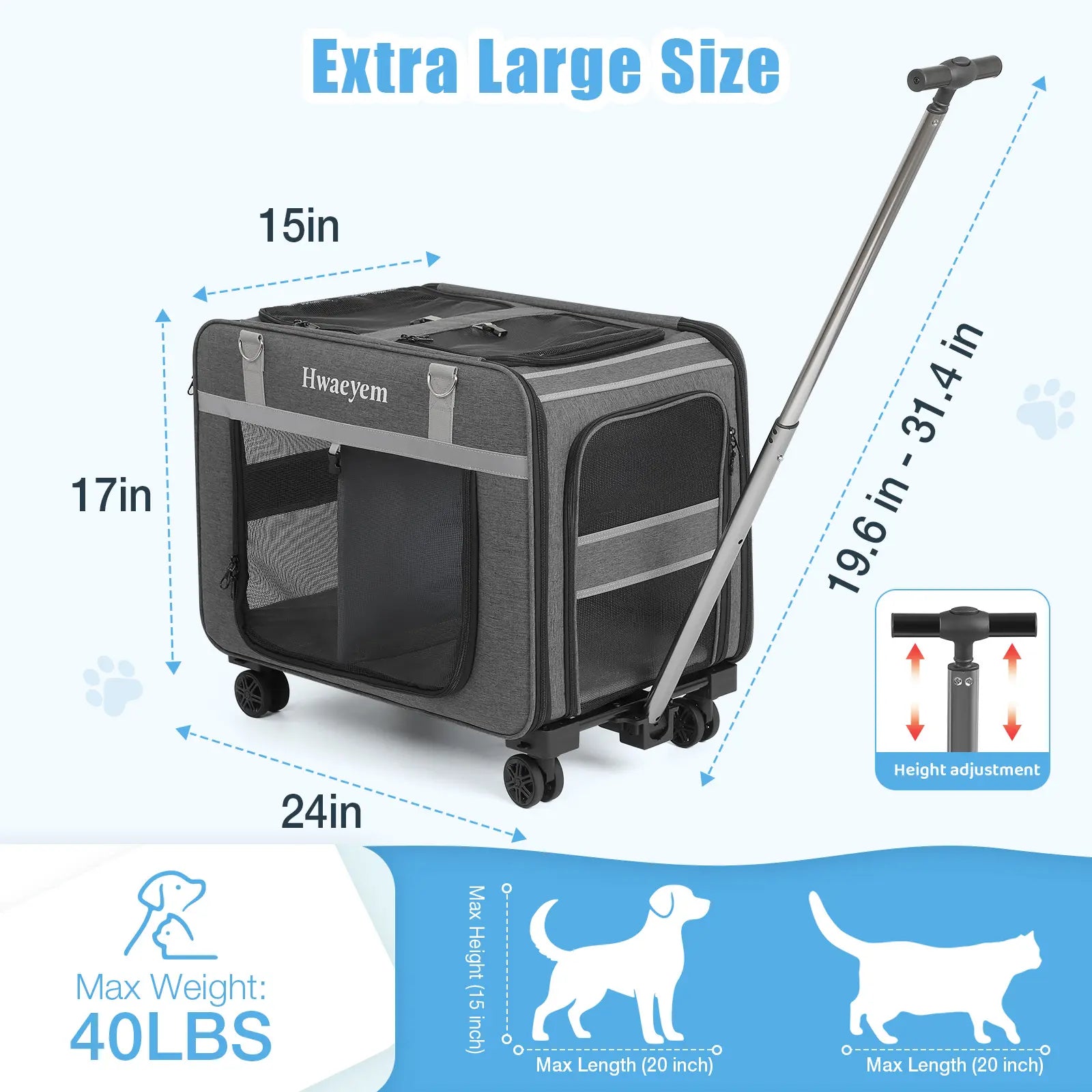 Extra Large Adjustable Height Rolling Pet Carrier with Wheels, Black Mesh, Airline Compatible for Cats and Small Dogs, Supports Up to 40 lbs, Ideal Gift for Pet Lovers