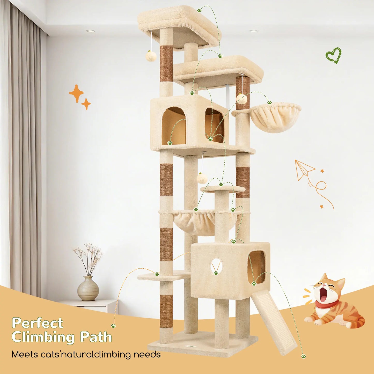 DESKAT 80-Inch Multi-Level Cat Tree for Large Cats with Two Condos and Sisal Scratching Posts, Ideal for 2-3 Cats, Space-Saving Design with Reinforced Base, Model F80G
