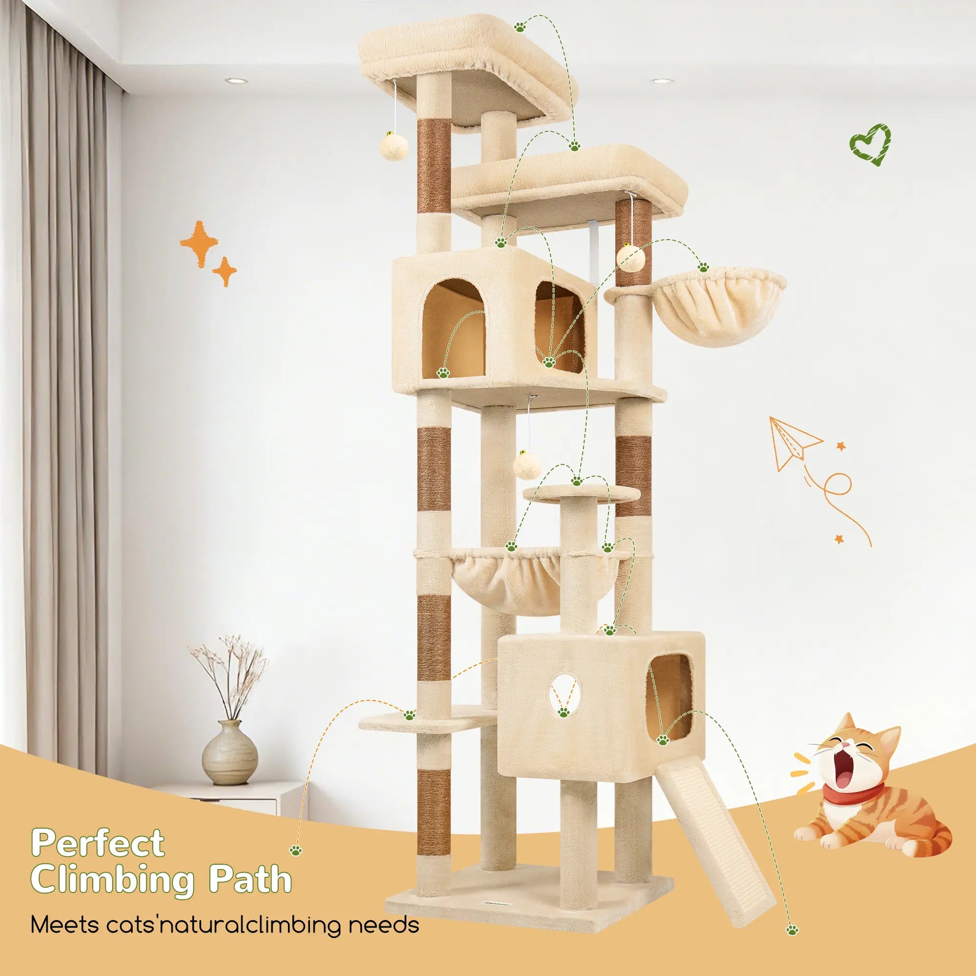 DESKAT 80-Inch Multi-Level Cat Tree for Large Cats with Two Condos and Sisal Scratching Posts, Ideal for 2-3 Cats, Space-Saving Design with Reinforced Base, Model F80G