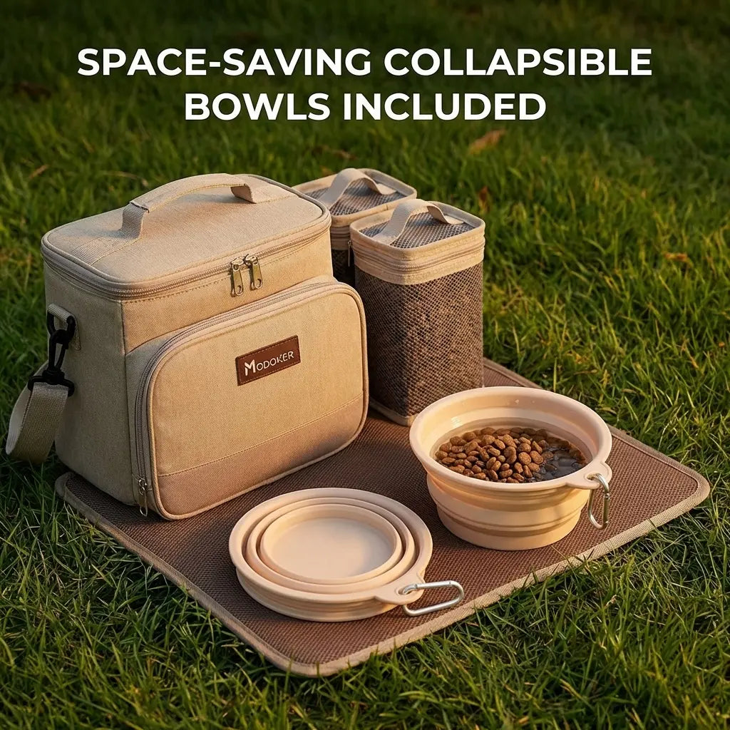 Modoker Pet Travel Bag with Food Containers and Collapsible Bowls - Complete Travel Kit for Pets