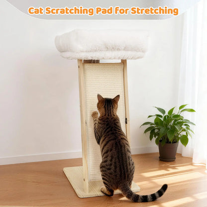 Freestanding 3-in-1 Natural Wood Cat Scratching Post with Removable Hammock, Sisal Column, Angled Pad, and Bell Toy for Indoor Cats