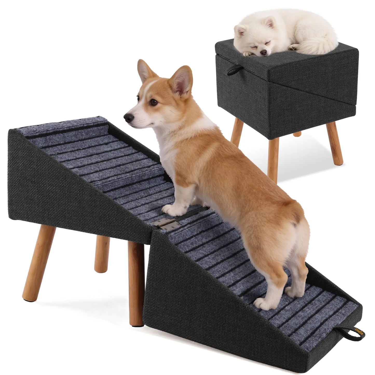 17.13" Height Dog Stairs for Small Dogs - 2-in-1 Foldable Pet Steps and Ottoman, Non-Slip Wooden Design for Couch Access, Ideal for Puppies, Seniors, and Injured Dogs