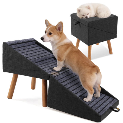 17.13" Height Dog Stairs for Small Dogs - 2-in-1 Foldable Pet Steps and Ottoman, Non-Slip Wooden Design for Couch Access, Ideal for Puppies, Seniors, and Injured Dogs