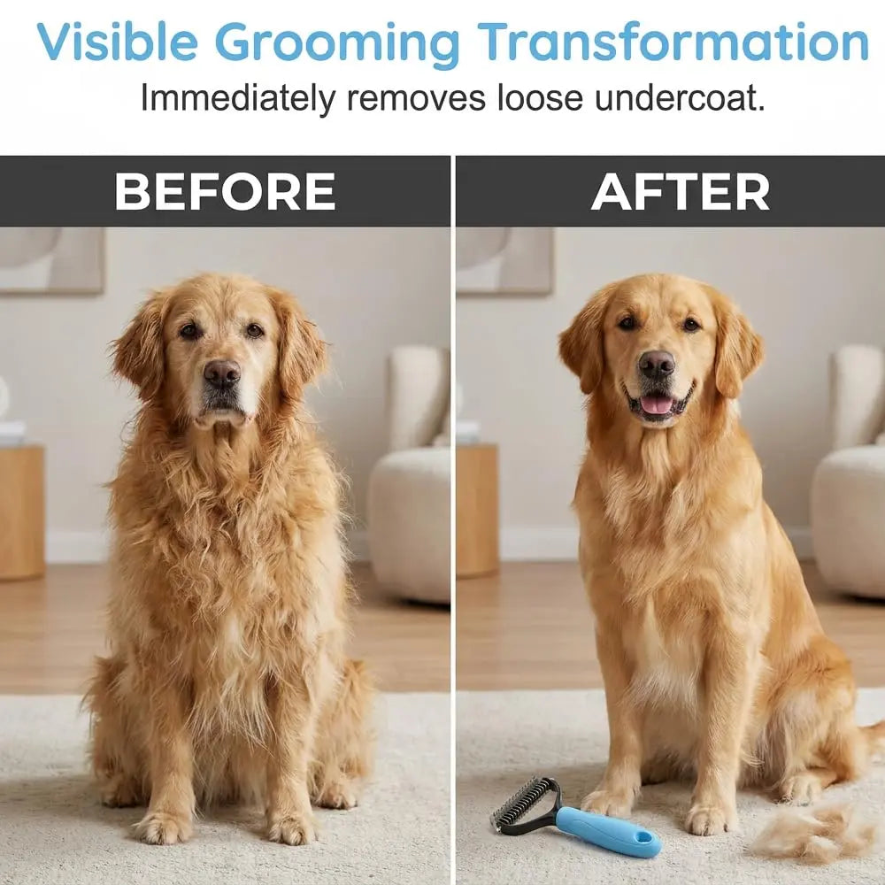Professional Pet Detangling Comb and Double-Sided Grooming Brush for Dogs and Cats with One-Click Undercoat Rake for Shedding and Mats
