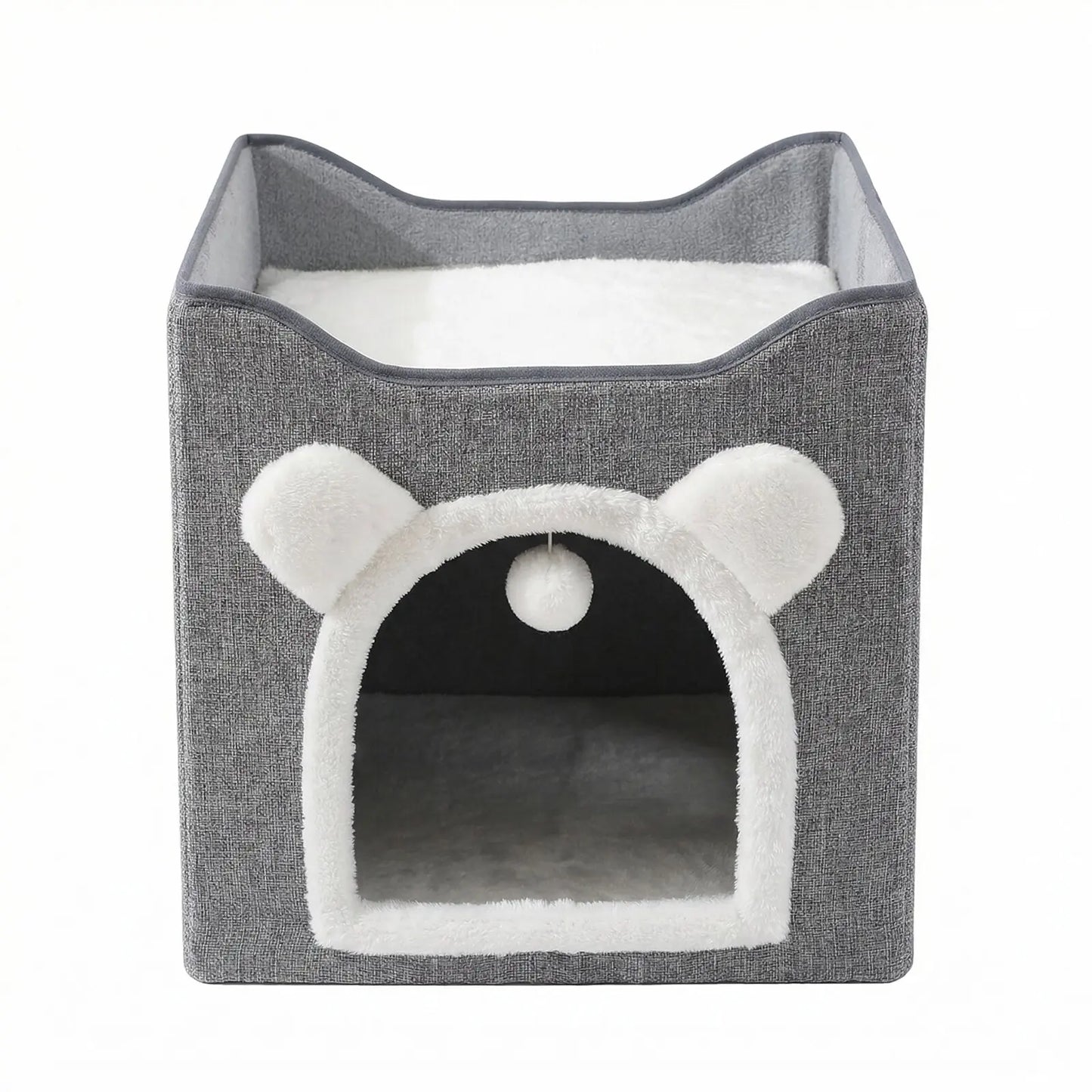 Premium Indoor Cat House with Spacious Access, Plush Hanging Toys, Circular Windows, and Foldable Design, Accommodates Up to 30 Pounds, Includes Dual-Sided Soft Cushions and Elevated Bed.