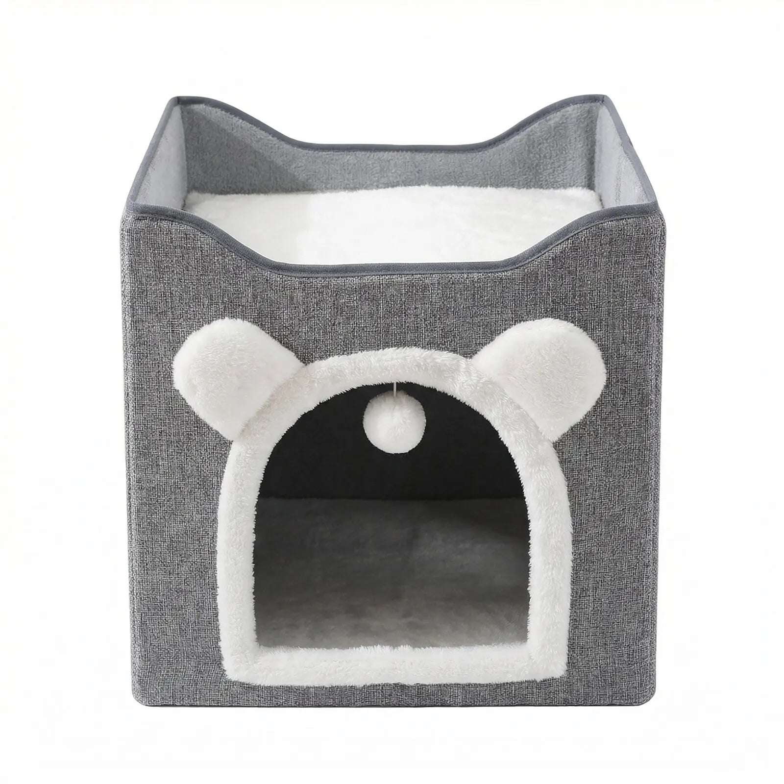 Premium Indoor Cat House with Spacious Access, Plush Hanging Toys, Circular Windows, and Foldable Design, Accommodates Up to 30 Pounds, Includes Dual-Sided Soft Cushions and Elevated Bed.