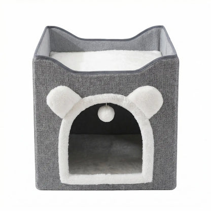 Premium Indoor Cat House with Spacious Access, Plush Hanging Toys, Circular Windows, and Foldable Design, Accommodates Up to 30 Pounds, Includes Dual-Sided Soft Cushions and Elevated Bed.