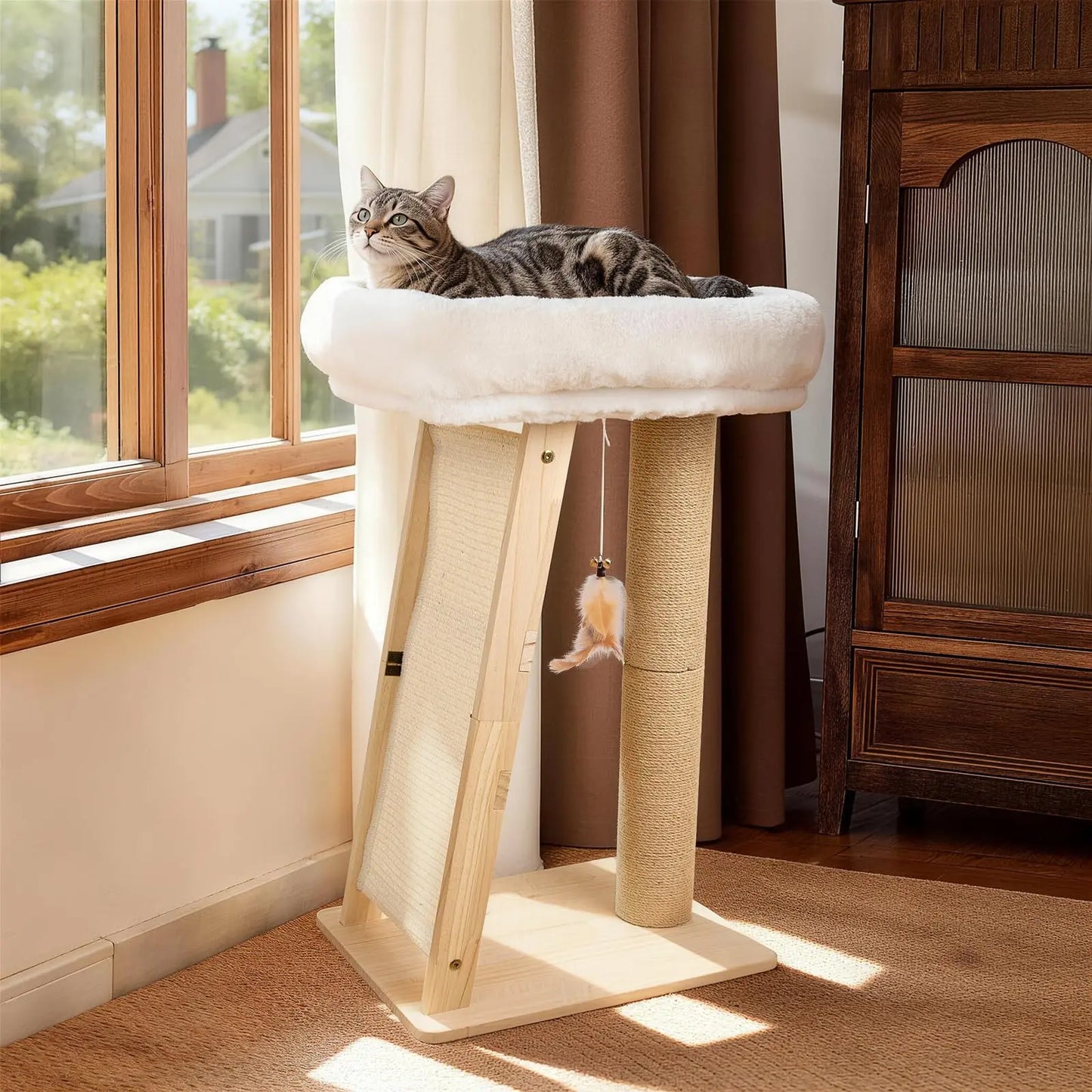 Freestanding 3-in-1 Natural Wood Cat Scratching Post with Removable Hammock, Sisal Column, Angled Pad, and Bell Toy for Indoor Cats