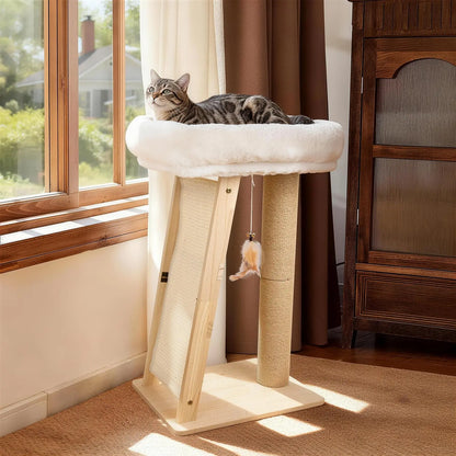 Freestanding 3-in-1 Natural Wood Cat Scratching Post with Removable Hammock, Sisal Column, Angled Pad, and Bell Toy for Indoor Cats