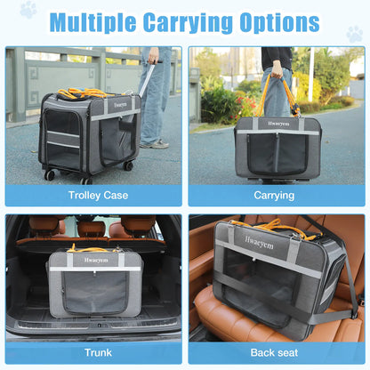 Extra Large Adjustable Height Rolling Pet Carrier with Wheels, Black Mesh, Airline Compatible for Cats and Small Dogs, Supports Up to 40 lbs, Ideal Gift for Pet Lovers
