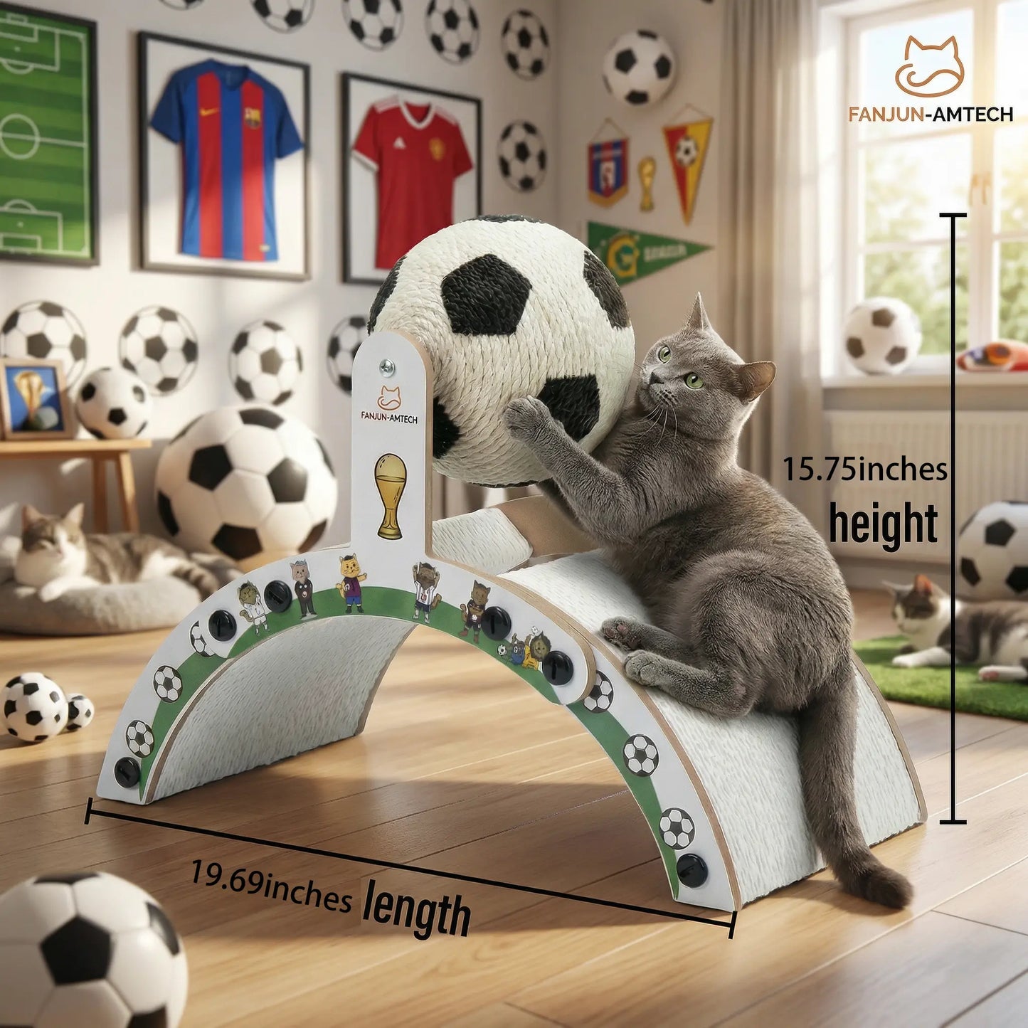 Premium Cat Scratching Post with Soccer Ball - Enhanced Corrugated Cardboard Arch Bridge - Soccer-Inspired Indoor Cat Furniture
