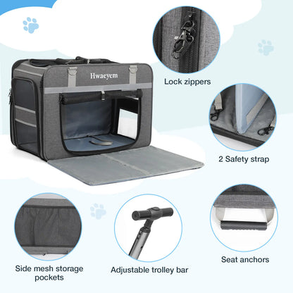 Extra Large Adjustable Height Rolling Pet Carrier with Wheels, Black Mesh, Airline Compatible for Cats and Small Dogs, Supports Up to 40 lbs, Ideal Gift for Pet Lovers