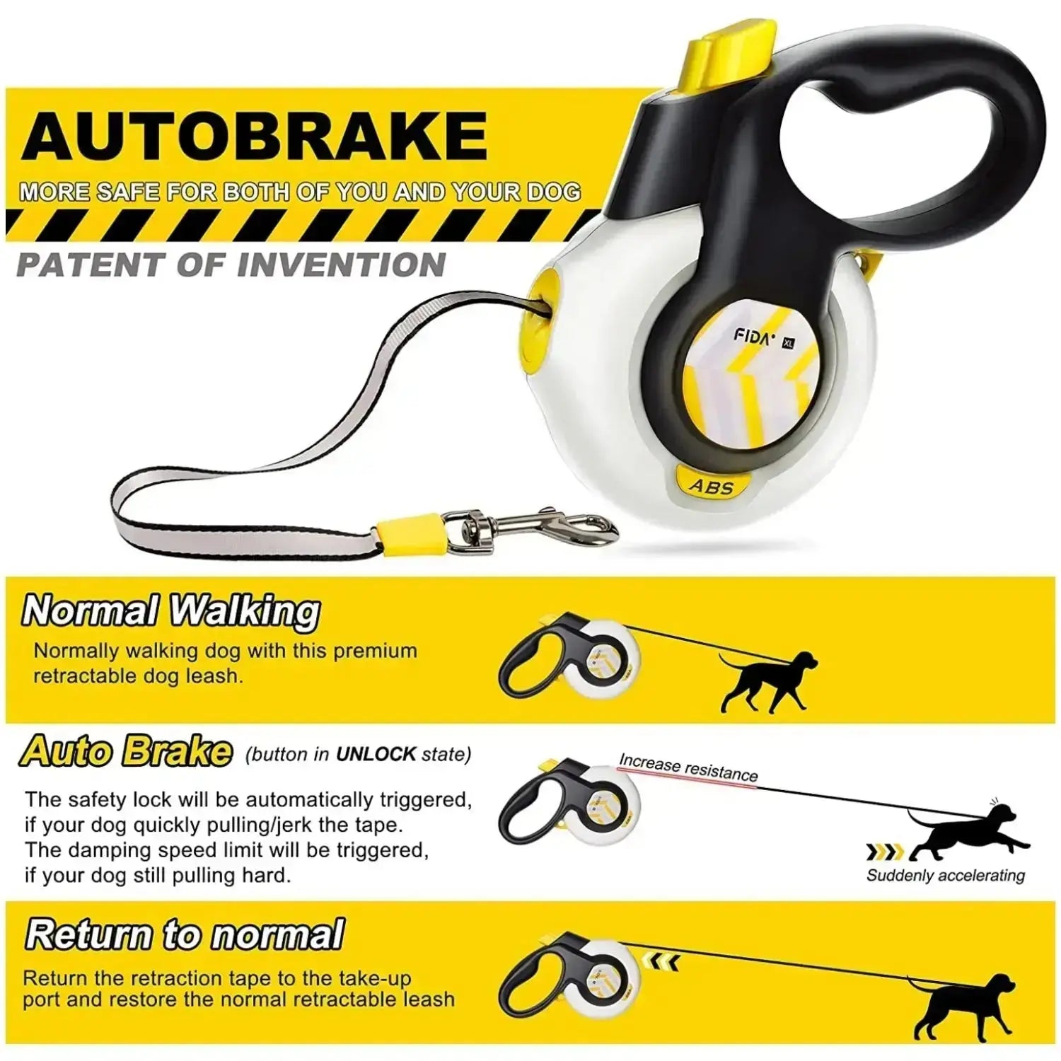Fida Heavy-Duty Retractable Dog Leash with Autobrake Technology, 16 Ft, Tangle-Free Design for Large and Medium Dogs, One-Hand Control with Soft Grip