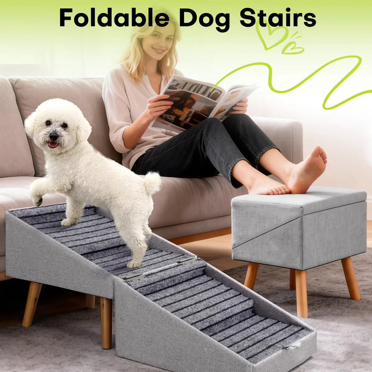 17.13" Height Dog Stairs for Small Dogs - 2-in-1 Foldable Pet Steps and Ottoman, Non-Slip Wooden Design for Couch Access, Ideal for Puppies, Seniors, and Injured Dogs