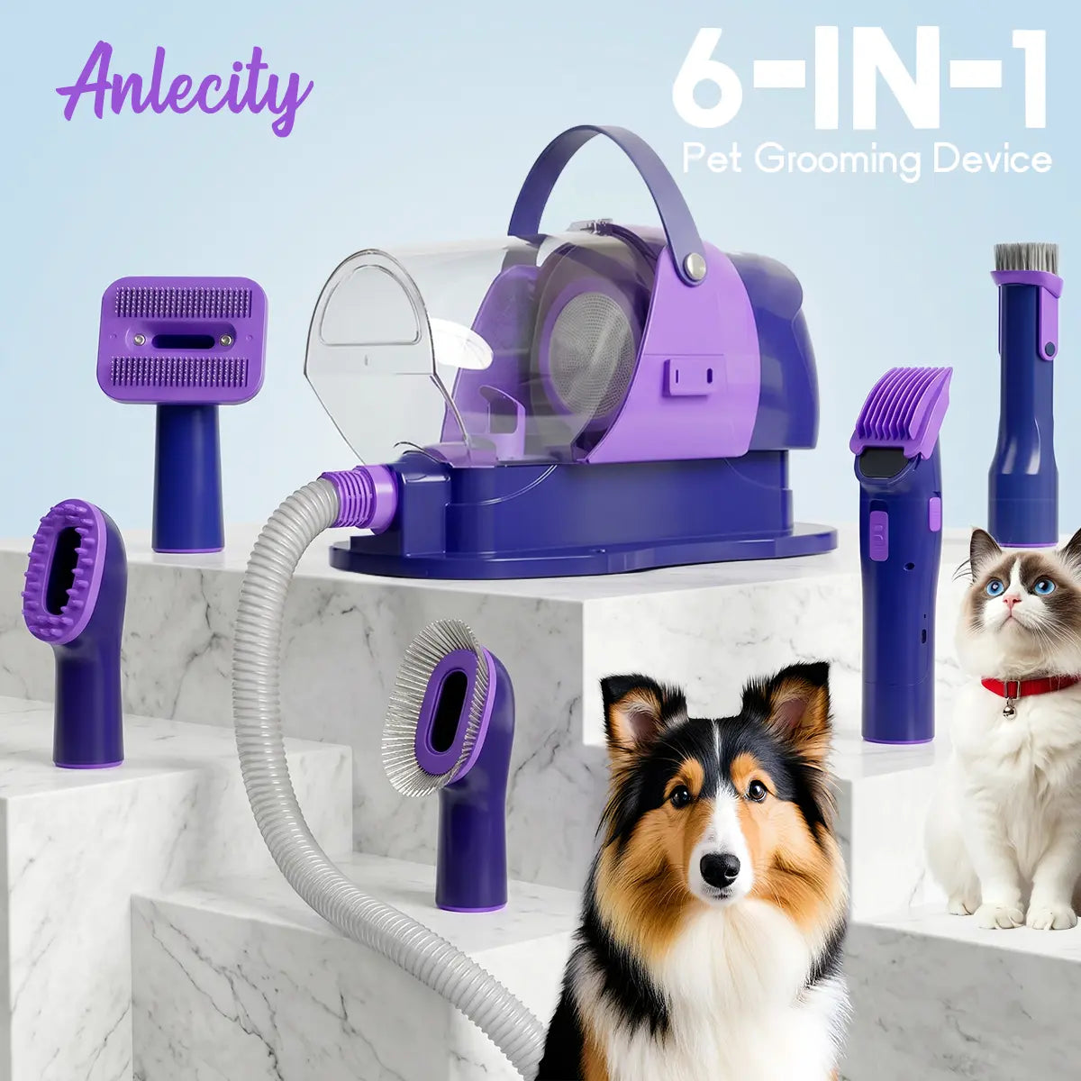 Anlecity Professional Pet Grooming Vacuum System - 3 Suction Modes, 6-in-1 Grooming Kit, 3L Capacity, Cordless Clippers, and 5 Essential Grooming Tools for Effective Dog and Cat Hair Removal