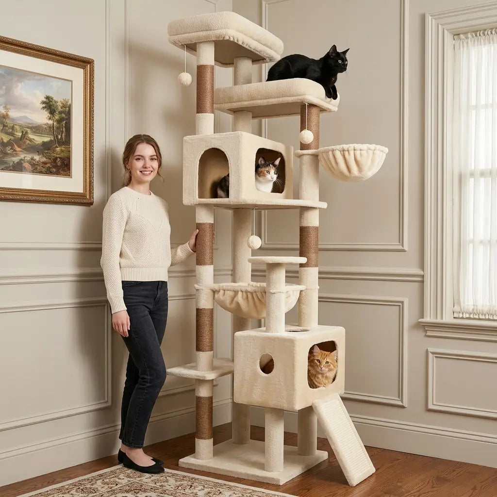 DESKAT 80-Inch Multi-Level Cat Tree for Large Cats with Two Condos and Sisal Scratching Posts, Ideal for 2-3 Cats, Space-Saving Design with Reinforced Base, Model F80G