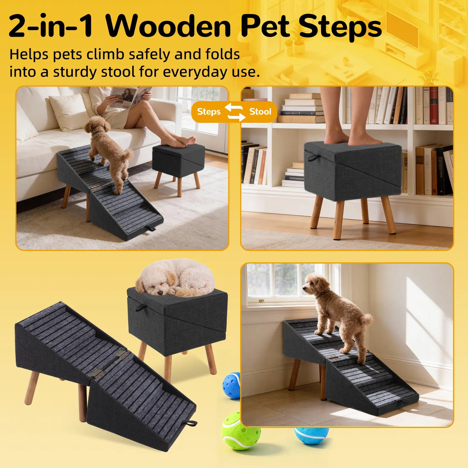 17.13" Height Dog Stairs for Small Dogs - 2-in-1 Foldable Pet Steps and Ottoman, Non-Slip Wooden Design for Couch Access, Ideal for Puppies, Seniors, and Injured Dogs