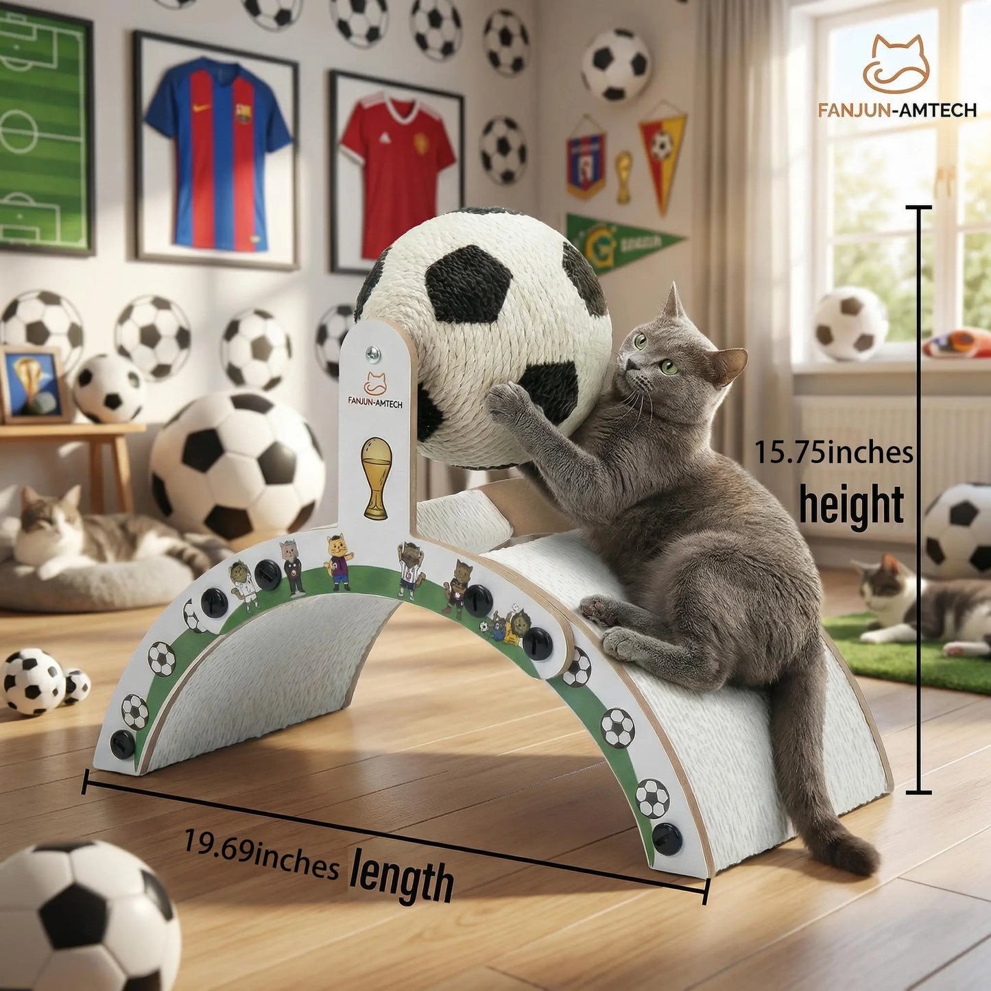 Premium Cat Scratching Post with Soccer Ball - Enhanced Corrugated Cardboard Arch Bridge - Soccer-Inspired Indoor Cat Furniture