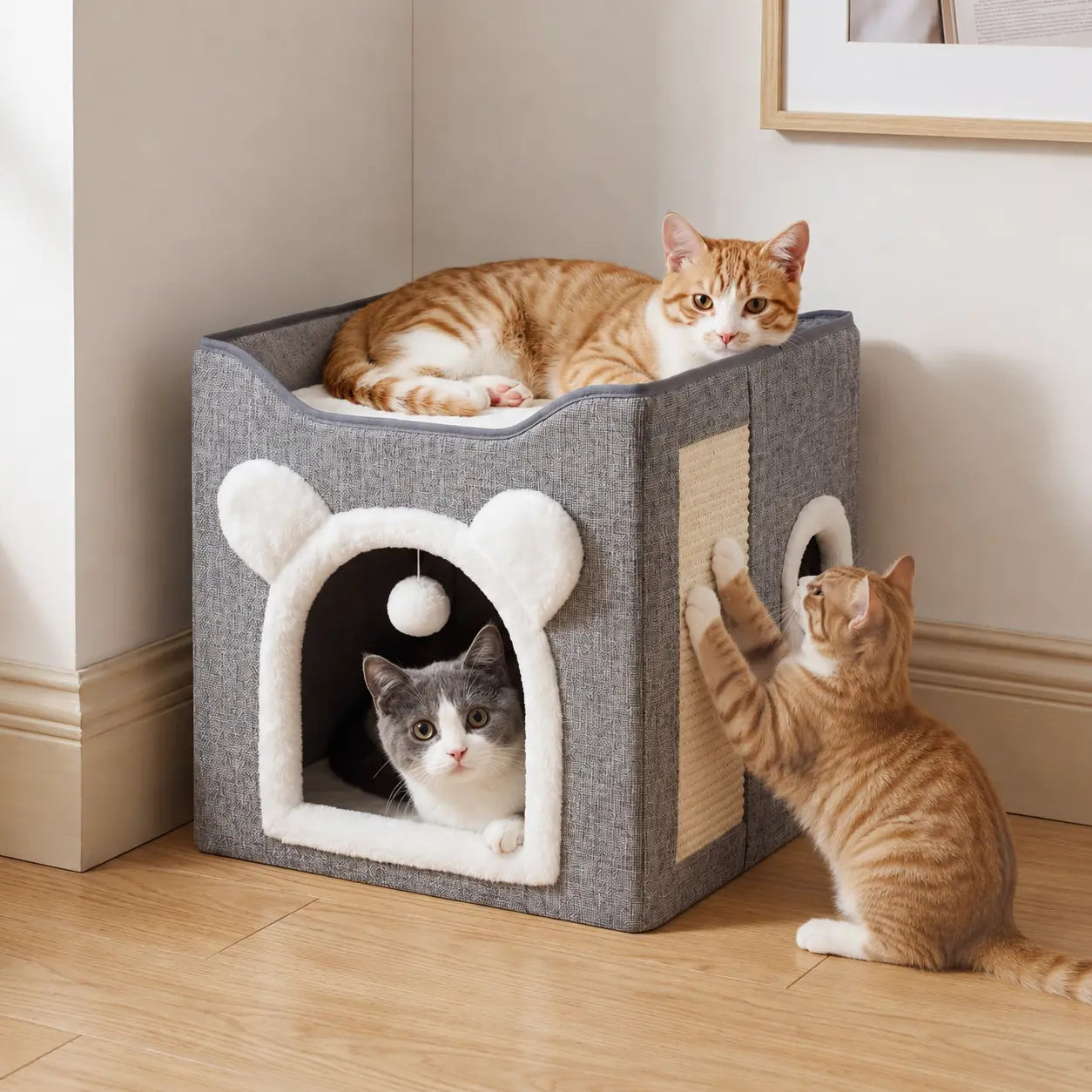 Premium Indoor Cat House with Spacious Access, Plush Hanging Toys, Circular Windows, and Foldable Design, Accommodates Up to 30 Pounds, Includes Dual-Sided Soft Cushions and Elevated Bed.