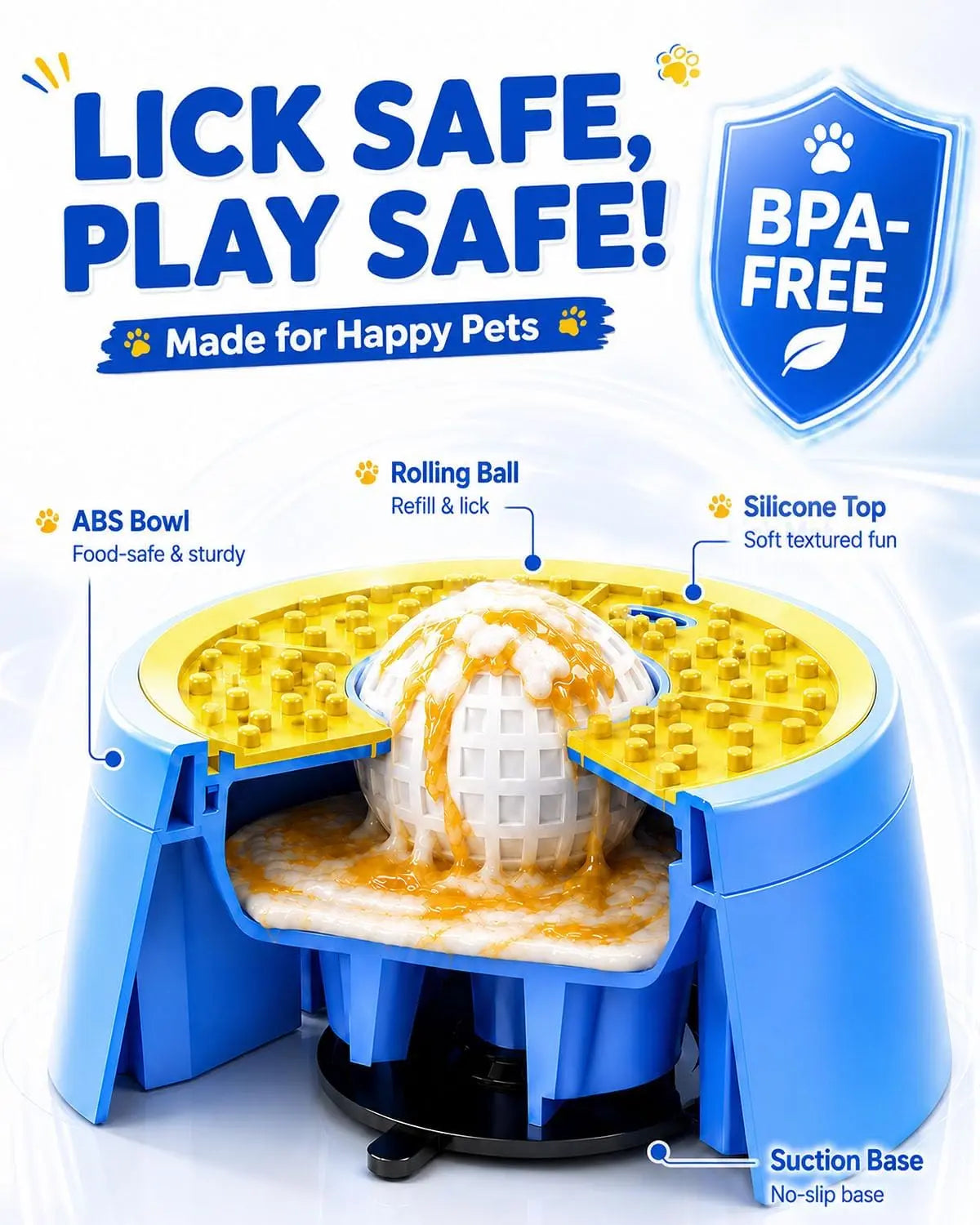 Picky Zoom Interactive Slow Feeder Bowl with Rolling Lick Ball - Dual Purpose Enrichment Solution for Rapid Eaters, Equipped with Anti-Slip Suction Base for Frozen Treats, Yogurt, and Wet Food for Dogs and Cats